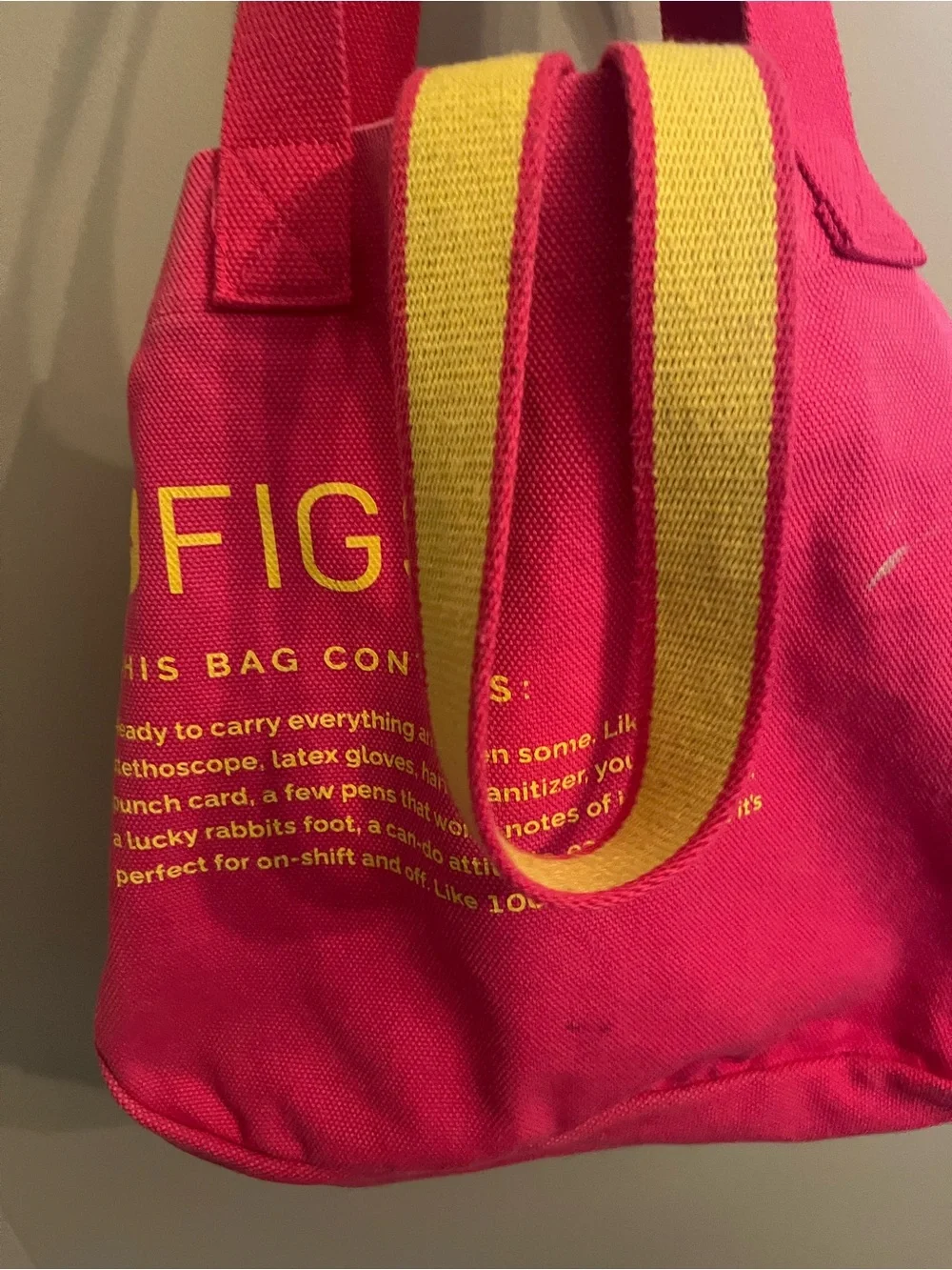 FIGS Hot Pink Canvas Tote with Yellow Logo